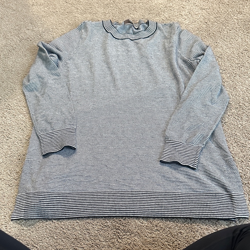 LOFT Black and White Striped Crew Neck Sweater